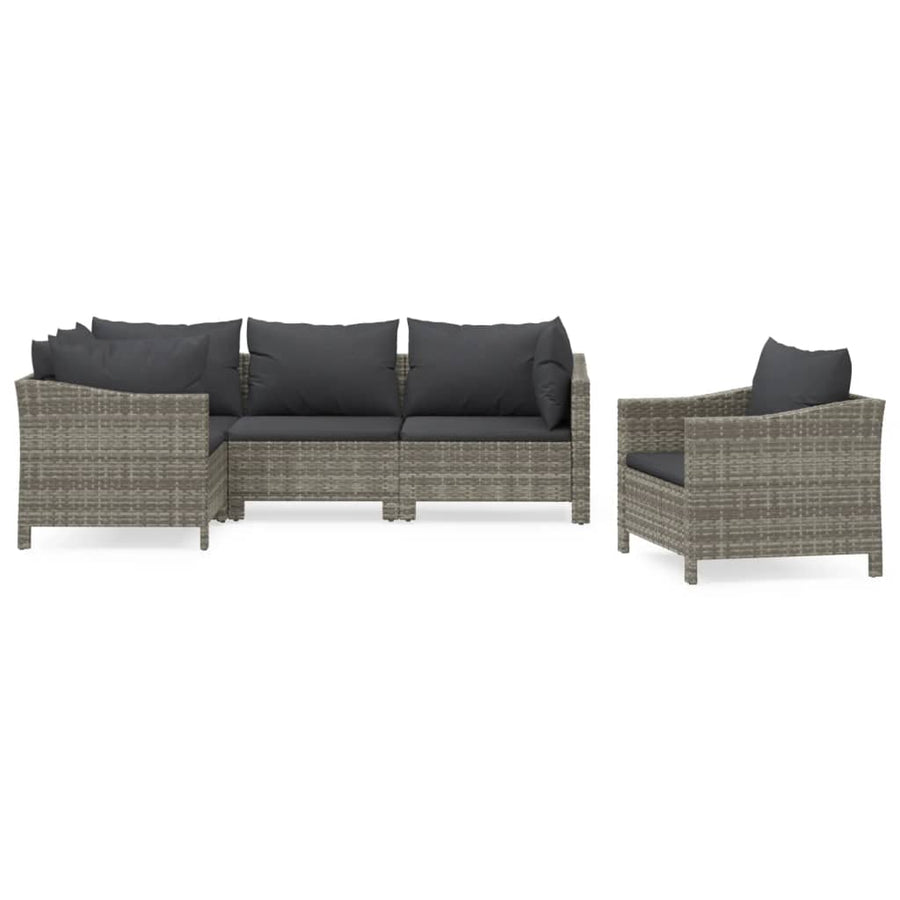 5-Delige Loungeset Met Kussens Poly Rattan Grijs 3x armchair + corner + middle