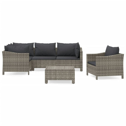 6-Delige Loungeset Met Kussens Poly Rattan Grijs 3x armchair + corner + middle + footrest