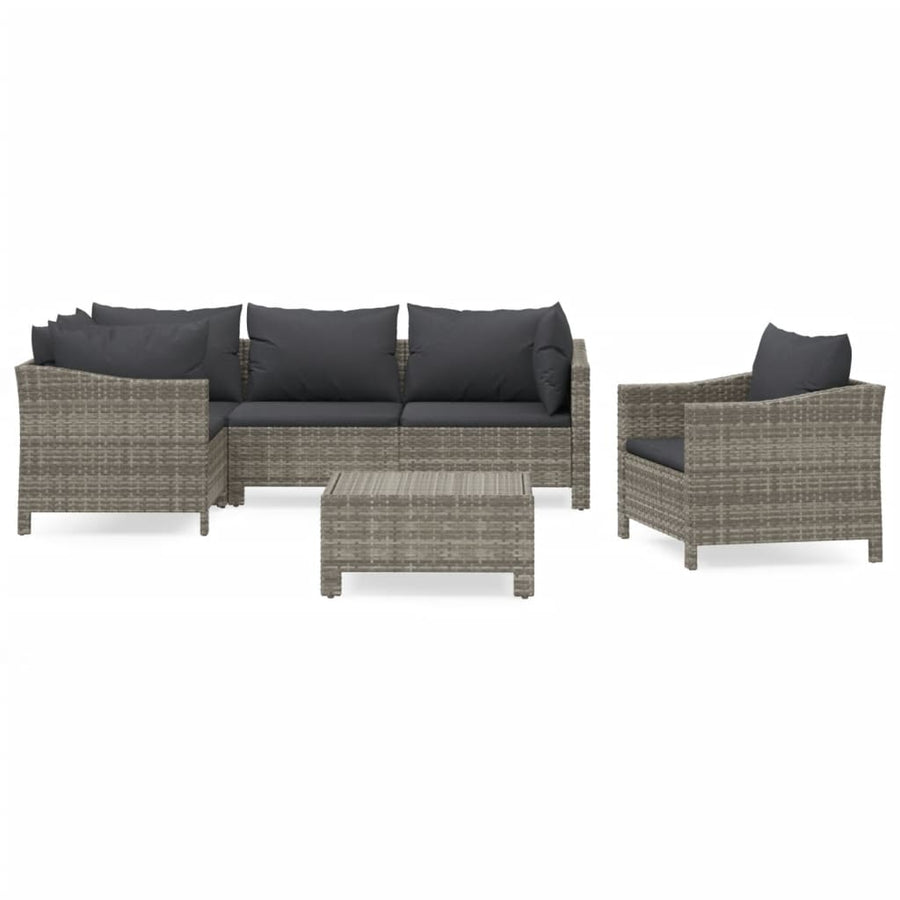6-Delige Loungeset Met Kussens Poly Rattan Grijs 3x armchair + corner + middle + footrest