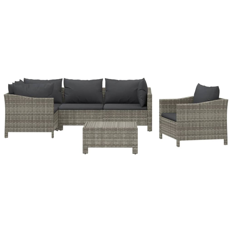 6-Delige Loungeset Met Kussens Poly Rattan Grijs 3x armchair + corner + middle + footrest