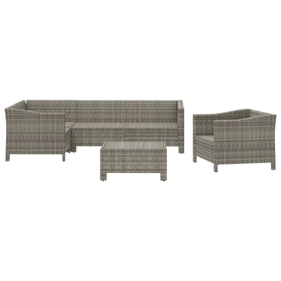 6-Delige Loungeset Met Kussens Poly Rattan Grijs 3x armchair + corner + middle + footrest