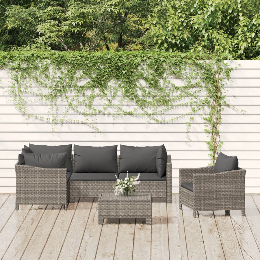 6-Delige Loungeset Met Kussens Poly Rattan Grijs 3x armchair + corner + middle + footrest