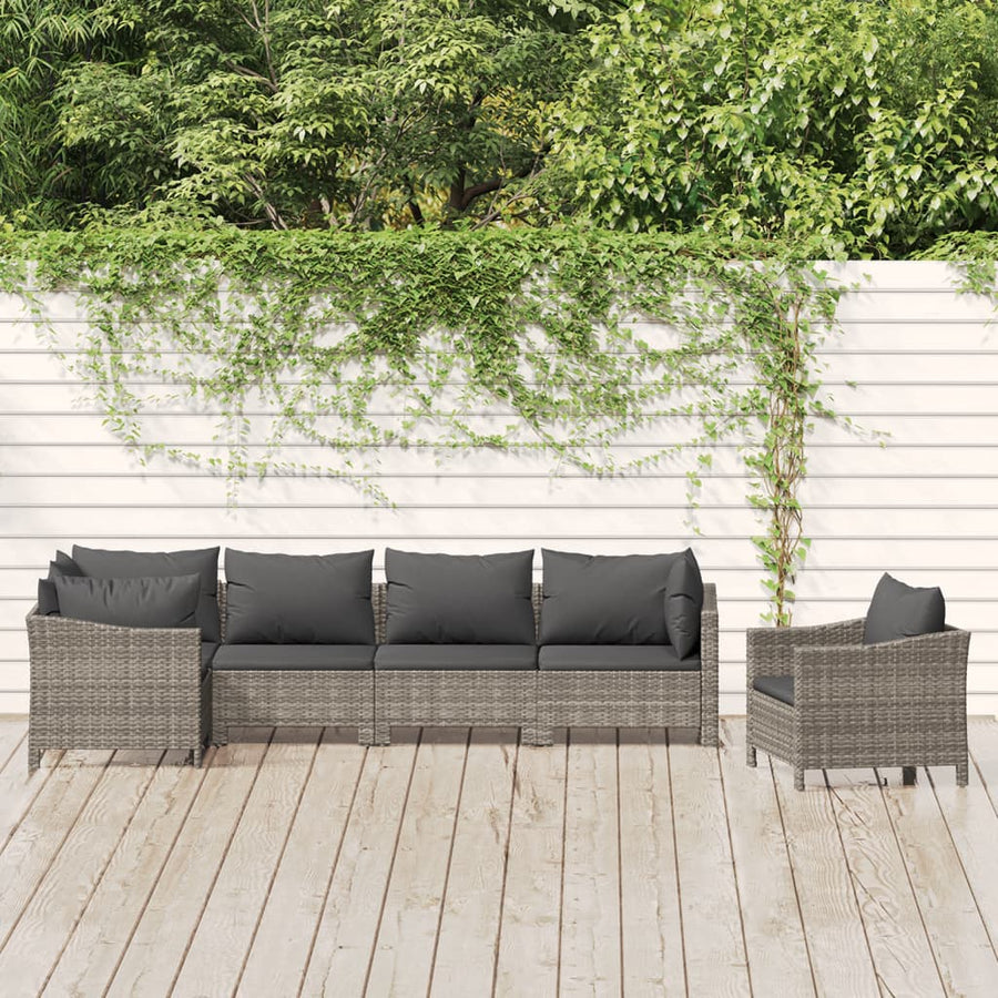 6-Delige Loungeset Met Kussens Poly Rattan Grijs 3x armchair + corner + 2x middle