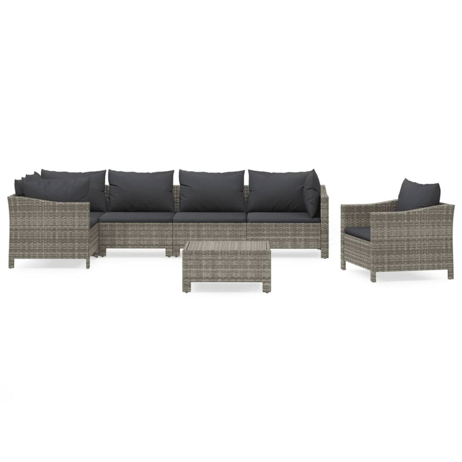 7-Delige Loungeset Met Kussens Poly Rattan Grijs 3x armchair + corner + 2x middle + footrest