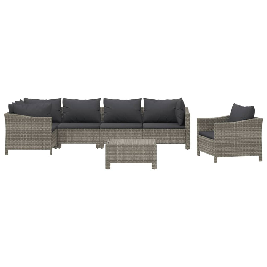 7-Delige Loungeset Met Kussens Poly Rattan Grijs 3x armchair + corner + 2x middle + footrest