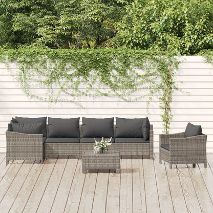 7-Delige Loungeset Met Kussens Poly Rattan Grijs 3x armchair + corner + 2x middle + footrest