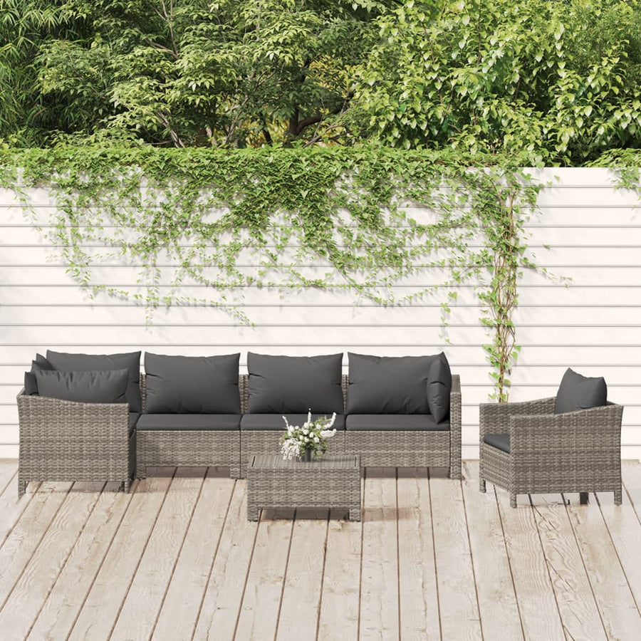 7-Delige Loungeset Met Kussens Poly Rattan Grijs 3x armchair + corner + 2x middle + footrest