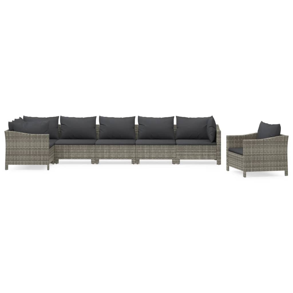 7-Delige Loungeset Met Kussens Poly Rattan Grijs 3x armchair + corner + 3x middle