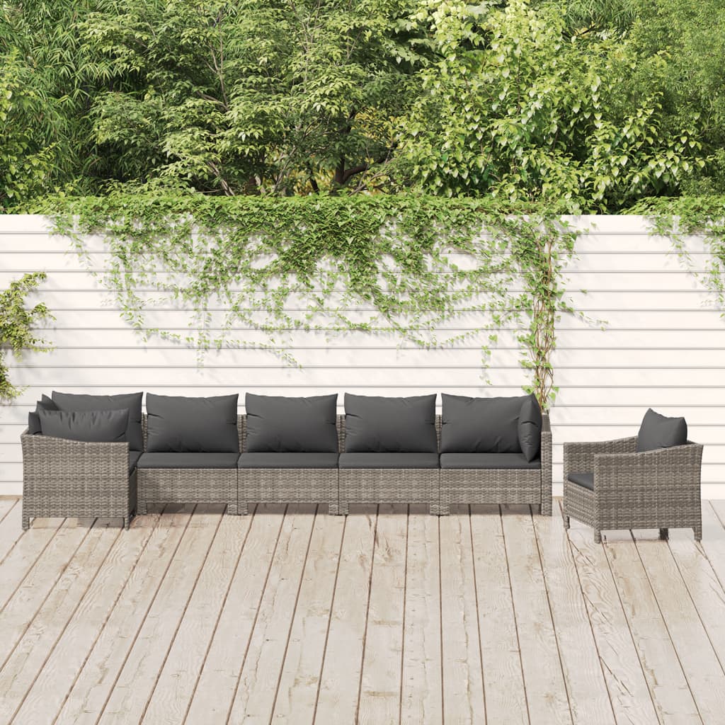 7-Delige Loungeset Met Kussens Poly Rattan Grijs 3x armchair + corner + 3x middle