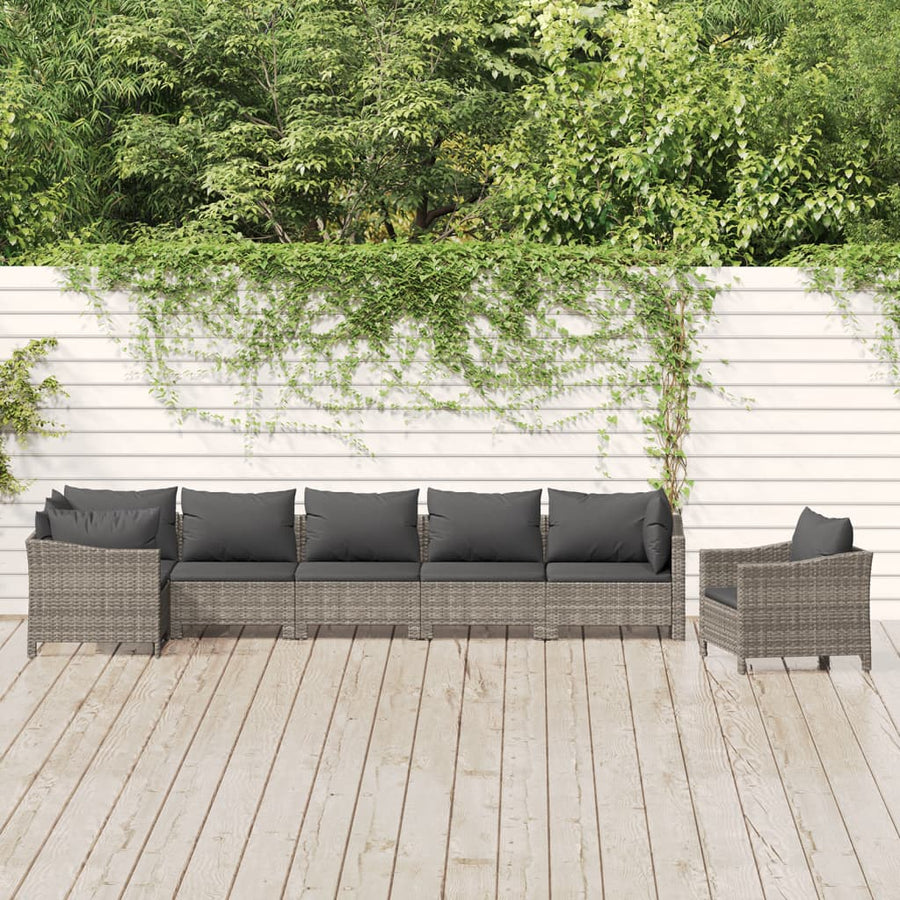 7-Delige Loungeset Met Kussens Poly Rattan Grijs 3x armchair + corner + 3x middle