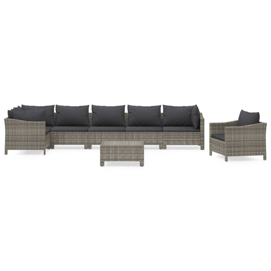 8-Delige Loungeset Met Kussens Poly Rattan Grijs 3x armchair + corner + 3x middle + footrest