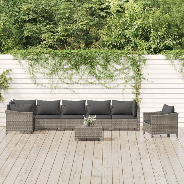 8-Delige Loungeset Met Kussens Poly Rattan Grijs 3x armchair + corner + 3x middle + footrest