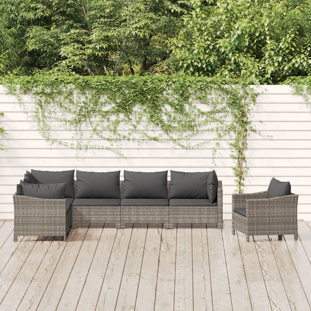 7-Delige Loungeset Met Kussens Poly Rattan Grijs 3x armchair + corner + 3x middle