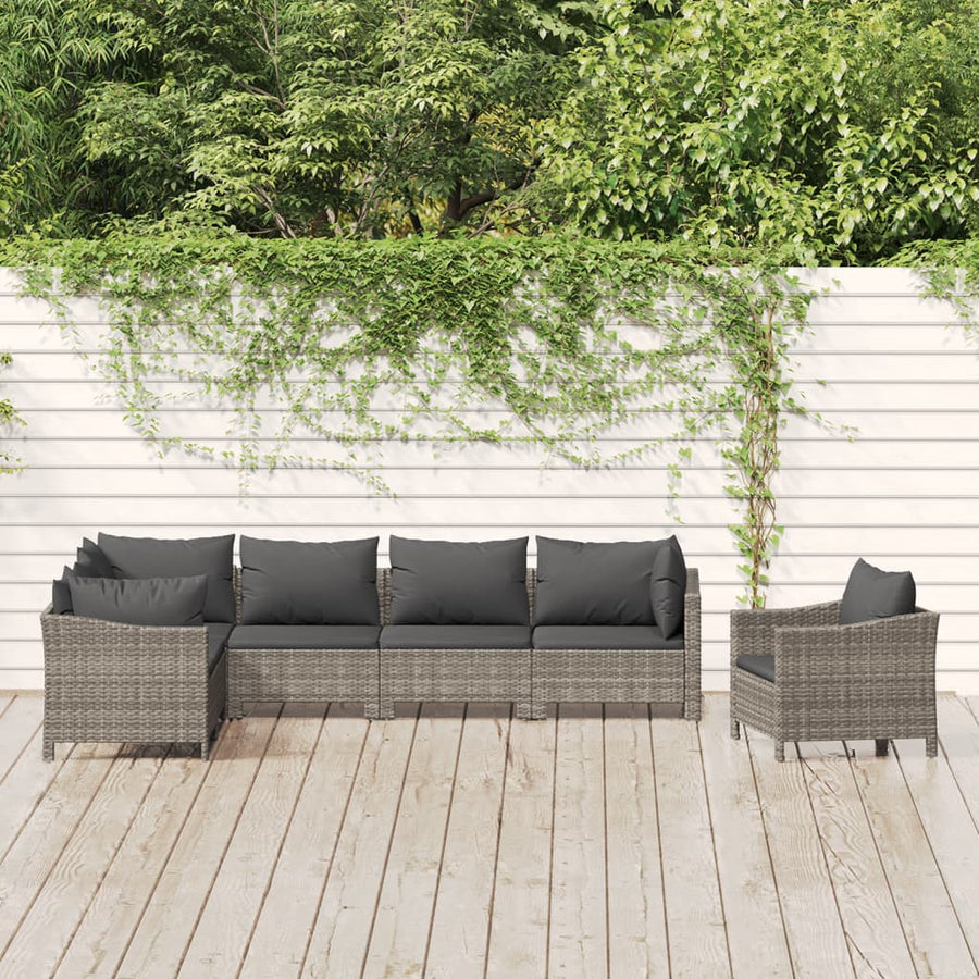 7-Delige Loungeset Met Kussens Poly Rattan Grijs 3x armchair + corner + 3x middle