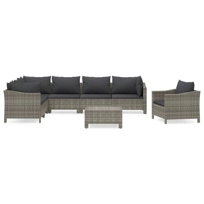 8-Delige Loungeset Met Kussens Poly Rattan Grijs 3x armchair + corner + 3x middle + footrest