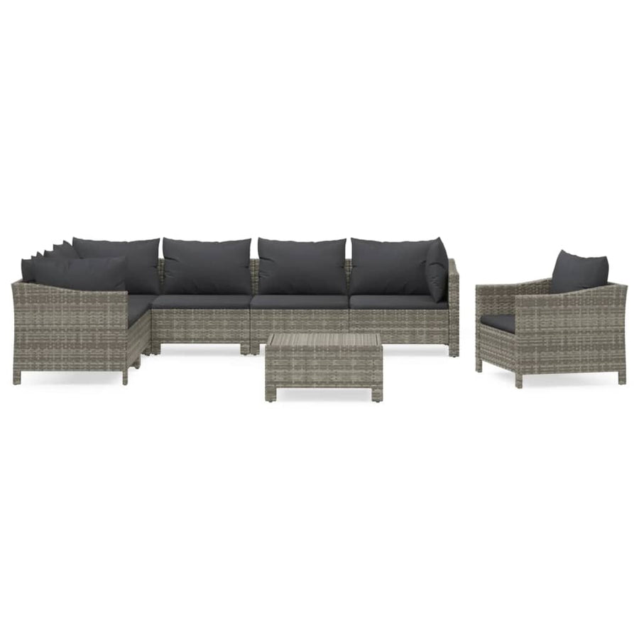 8-Delige Loungeset Met Kussens Poly Rattan Grijs 3x armchair + corner + 3x middle + footrest