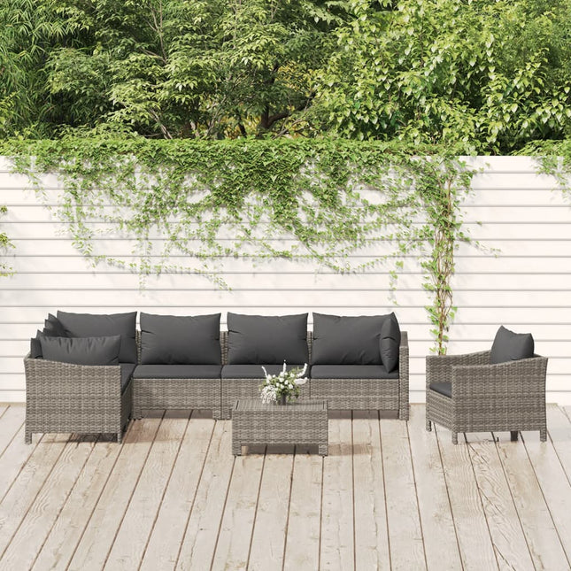 8-Delige Loungeset Met Kussens Poly Rattan Grijs 3x armchair + corner + 3x middle + footrest