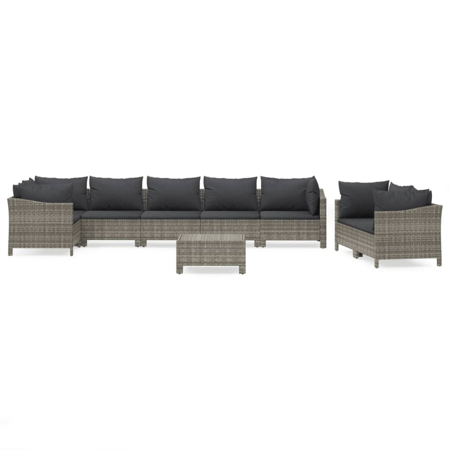 9-Delige Loungeset Met Kussens Poly Rattan Grijs 4x armchair + corner + 3x middle + footrest