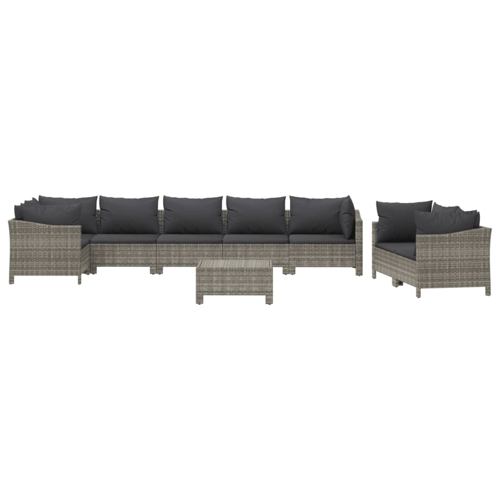 9-Delige Loungeset Met Kussens Poly Rattan Grijs 4x armchair + corner + 3x middle + footrest