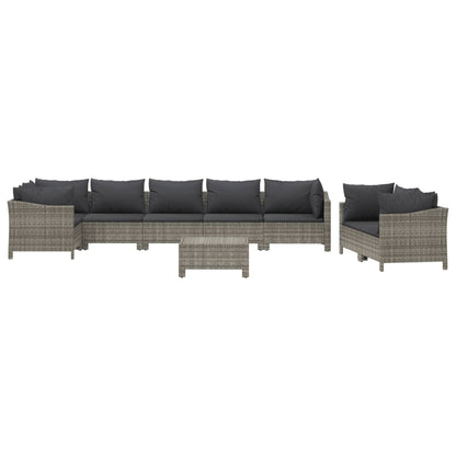 9-Delige Loungeset Met Kussens Poly Rattan Grijs 4x armchair + corner + 3x middle + footrest