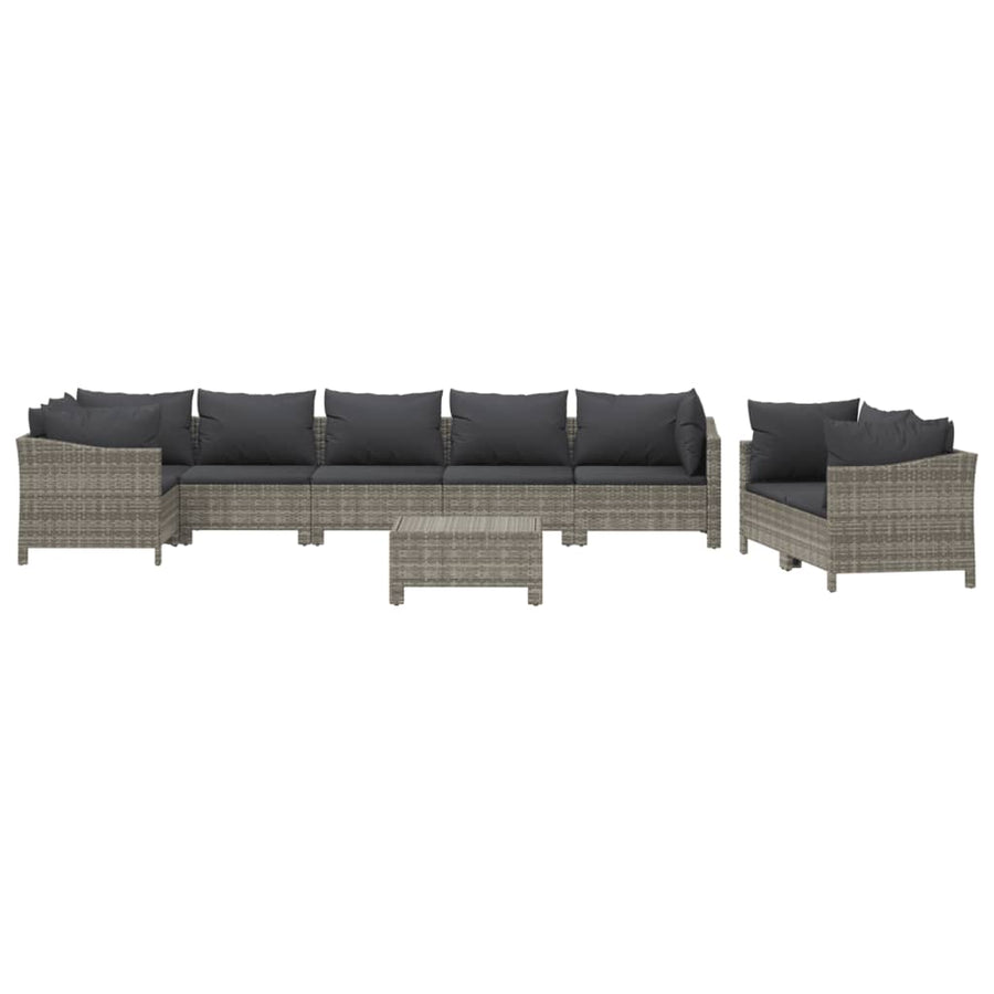 9-Delige Loungeset Met Kussens Poly Rattan Grijs 4x armchair + corner + 3x middle + footrest