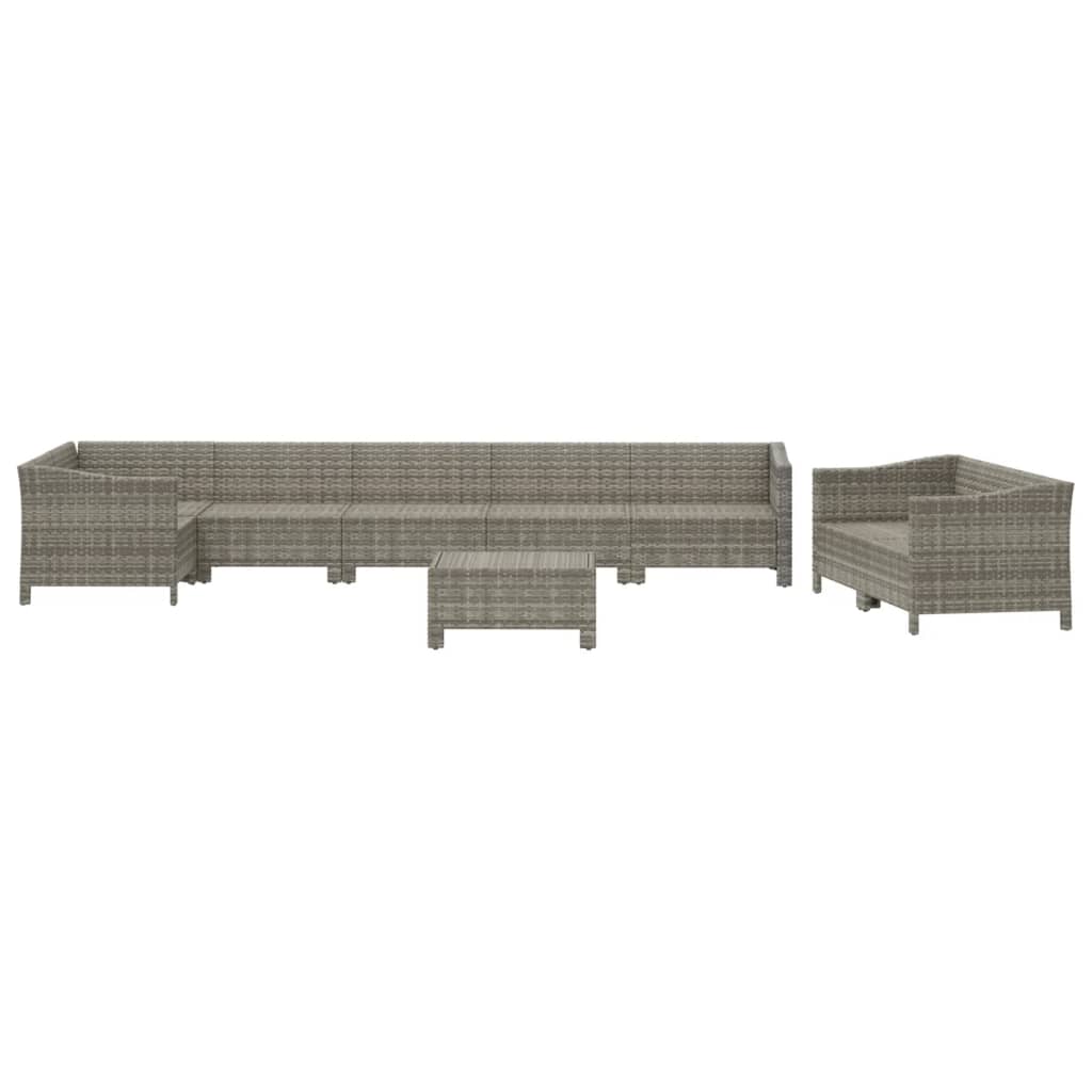9-Delige Loungeset Met Kussens Poly Rattan Grijs 4x armchair + corner + 3x middle + footrest