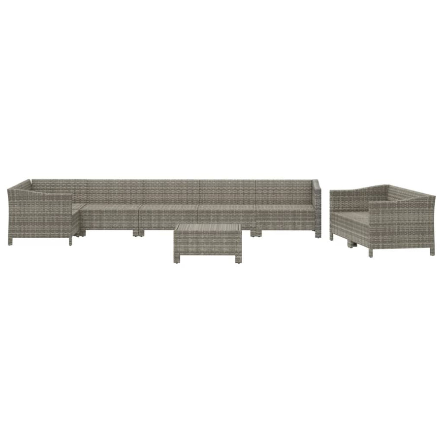 9-Delige Loungeset Met Kussens Poly Rattan Grijs 4x armchair + corner + 3x middle + footrest