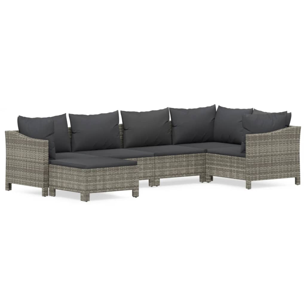 6-Delige Loungeset Met Kussens Poly Rattan Grijs 2x Fauteuil + hoek +2x midden + voetensteun
