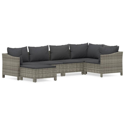 6-Delige Loungeset Met Kussens Poly Rattan Grijs 2x Fauteuil + hoek +2x midden + voetensteun