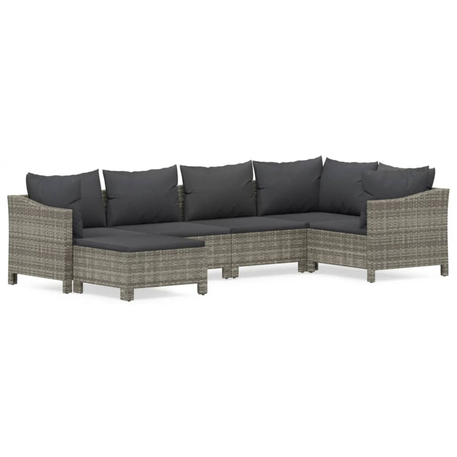 6-Delige Loungeset Met Kussens Poly Rattan Grijs 2x Fauteuil + hoek +2x midden + voetensteun