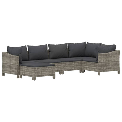 6-Delige Loungeset Met Kussens Poly Rattan Grijs 2x Fauteuil + hoek +2x midden + voetensteun