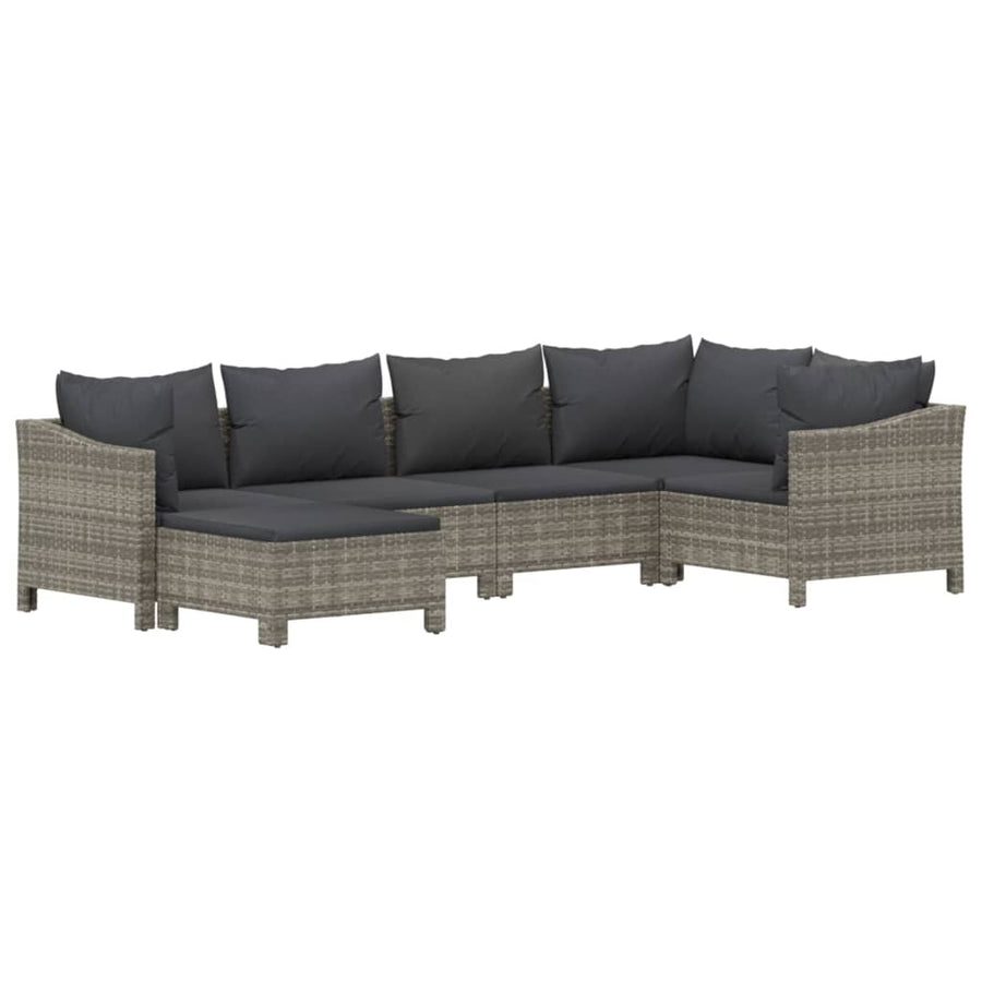 6-Delige Loungeset Met Kussens Poly Rattan Grijs 2x Fauteuil + hoek +2x midden + voetensteun