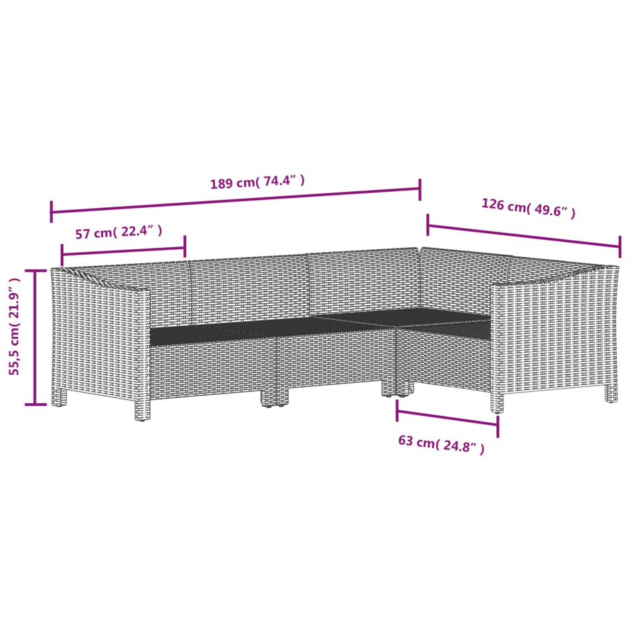 6-Delige Loungeset Met Kussens Poly Rattan Grijs 2x Fauteuil + hoek +2x midden + voetensteun