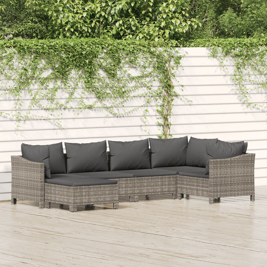 6-Delige Loungeset Met Kussens Poly Rattan Grijs 2x Fauteuil + hoek +2x midden + voetensteun