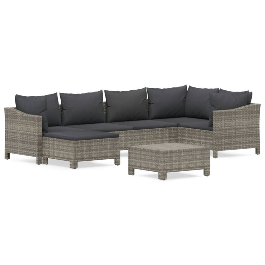 7-Delige Loungeset Met Kussens Poly Rattan Grijs 2x Fauteuil + hoek +2x midden + 2x voetensteun