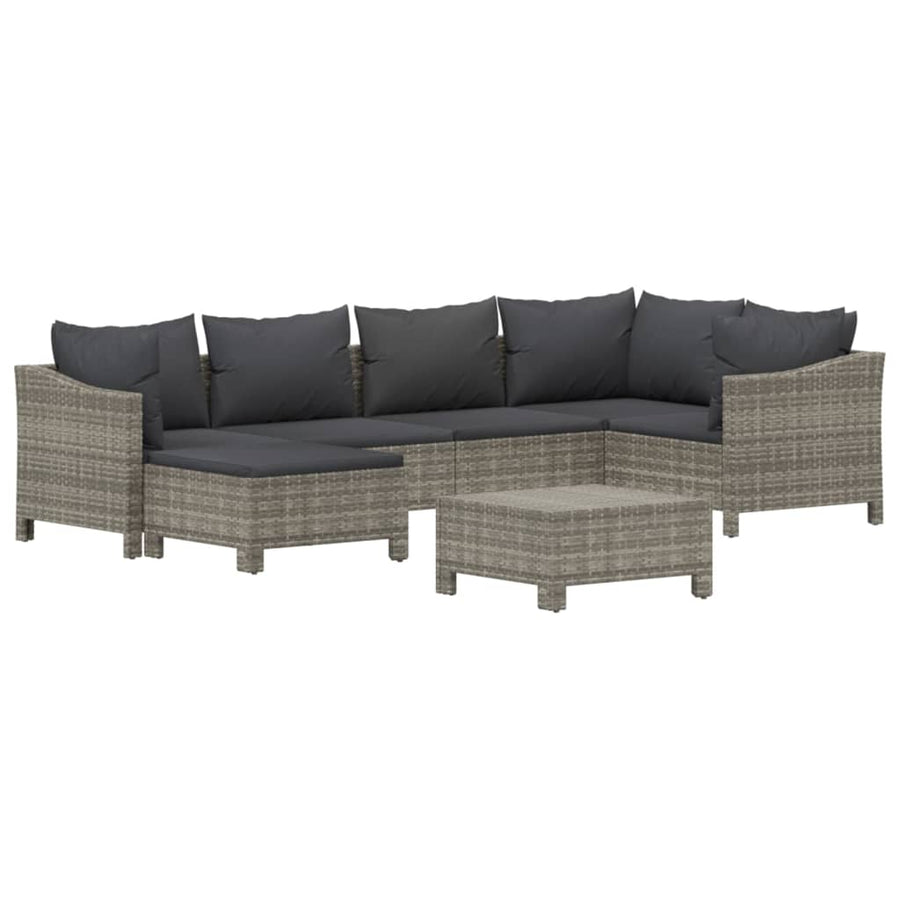 7-Delige Loungeset Met Kussens Poly Rattan Grijs 2x Fauteuil + hoek +2x midden + 2x voetensteun