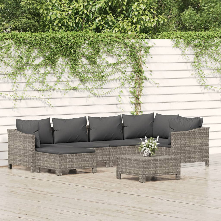 7-Delige Loungeset Met Kussens Poly Rattan Grijs 2x Fauteuil + hoek +2x midden + 2x voetensteun