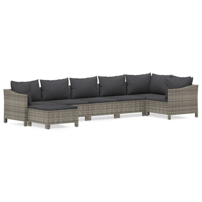 7-Delige Loungeset Met Kussens Poly Rattan Grijs 2x Fauteuil + hoek +3x midden + voetensteun