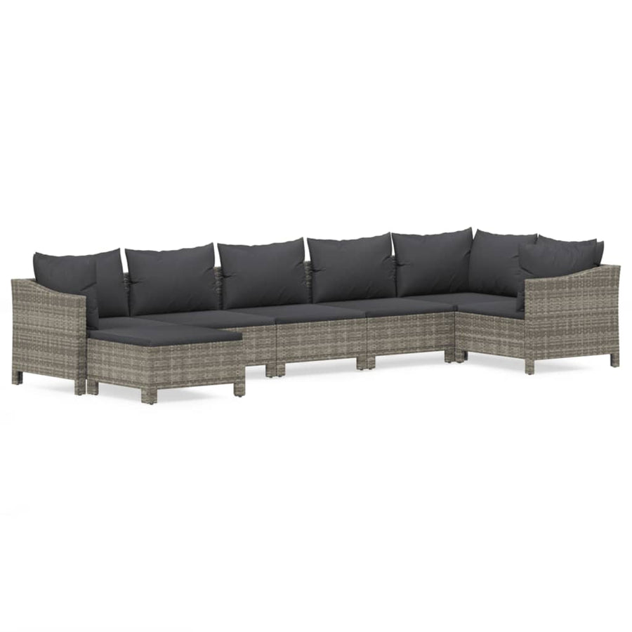 7-Delige Loungeset Met Kussens Poly Rattan Grijs 2x Fauteuil + hoek +3x midden + voetensteun