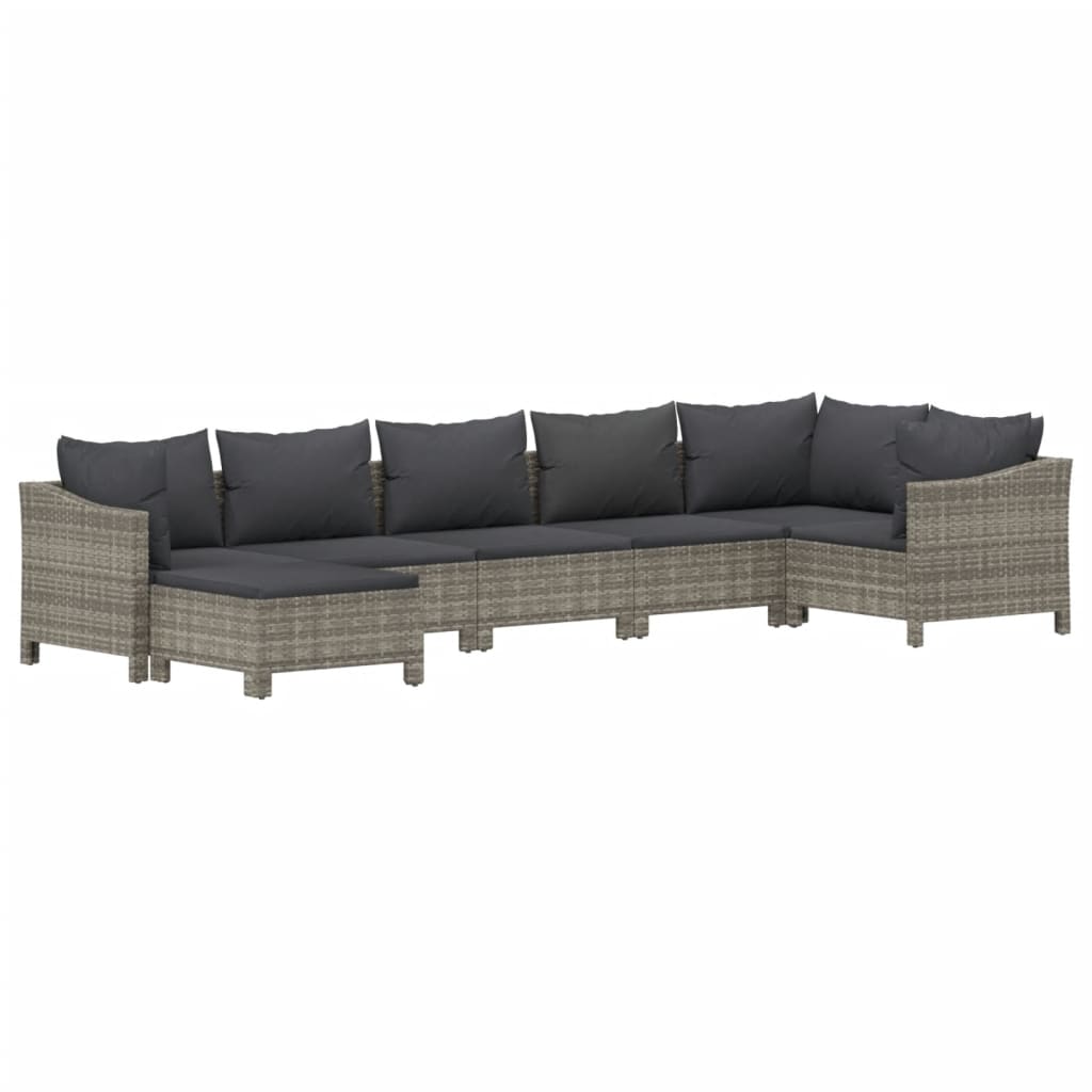 7-Delige Loungeset Met Kussens Poly Rattan Grijs 2x Fauteuil + hoek +3x midden + voetensteun