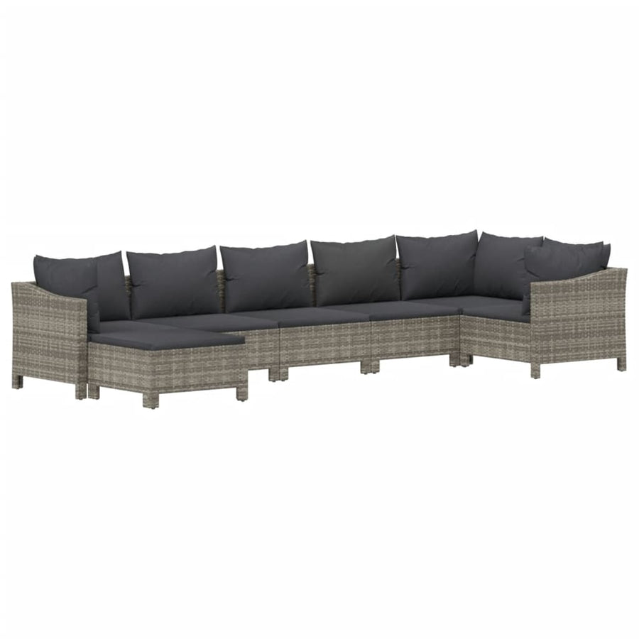7-Delige Loungeset Met Kussens Poly Rattan Grijs 2x Fauteuil + hoek +3x midden + voetensteun
