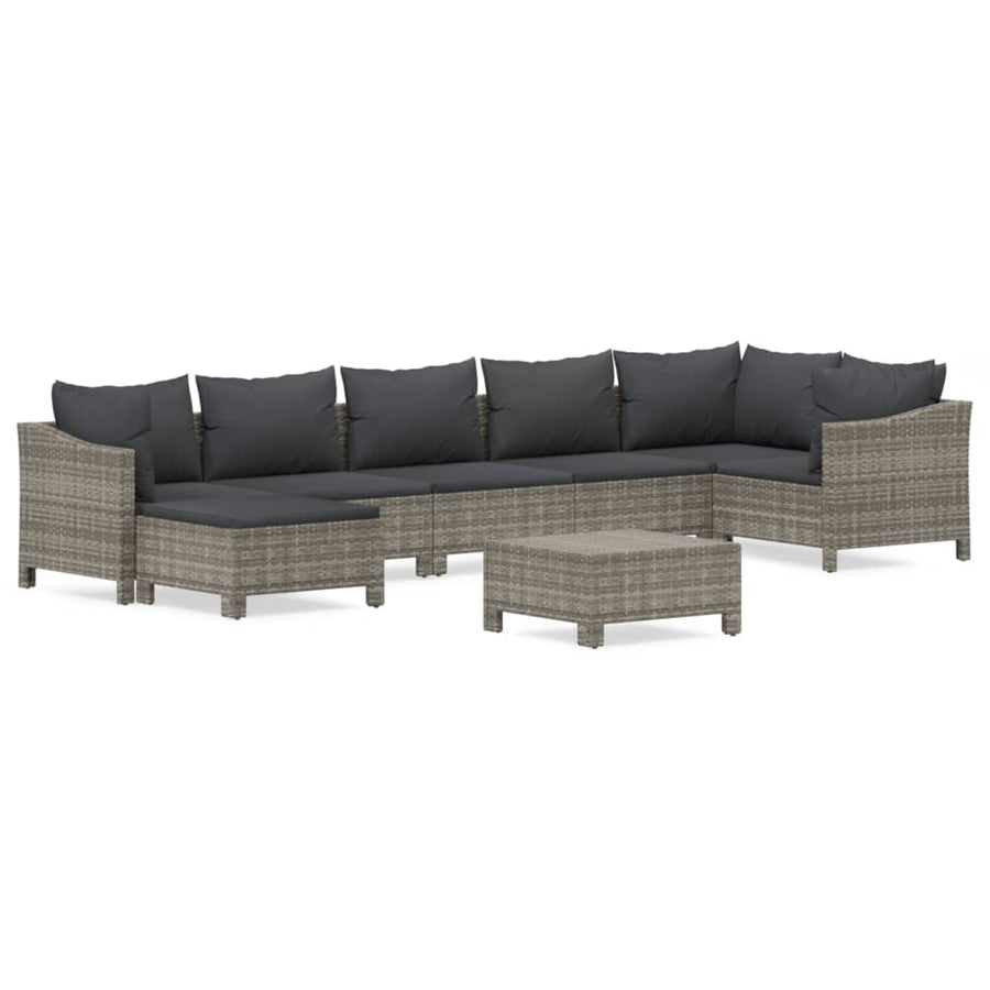 8-Delige Loungeset Met Kussens Poly Rattan Grijs 2x Fauteuil + hoek +3x midden + 2x voetensteun