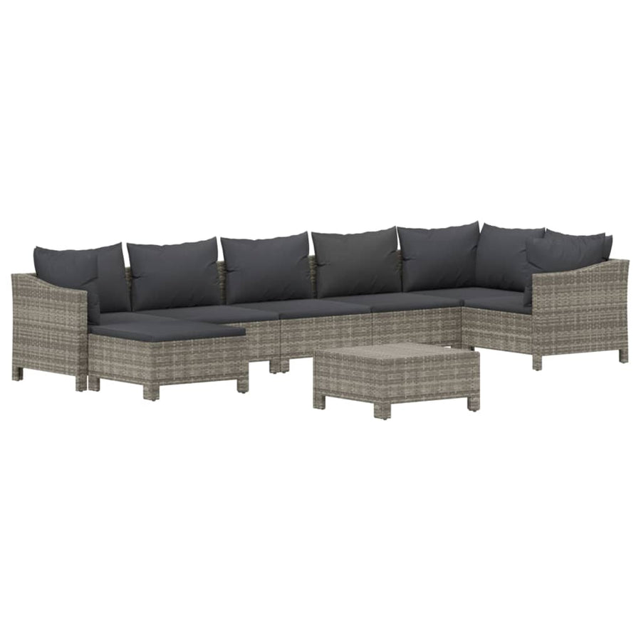 8-Delige Loungeset Met Kussens Poly Rattan Grijs 2x Fauteuil + hoek +3x midden + 2x voetensteun