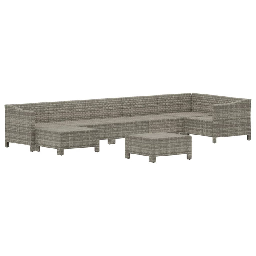 8-Delige Loungeset Met Kussens Poly Rattan Grijs 2x Fauteuil + hoek +3x midden + 2x voetensteun