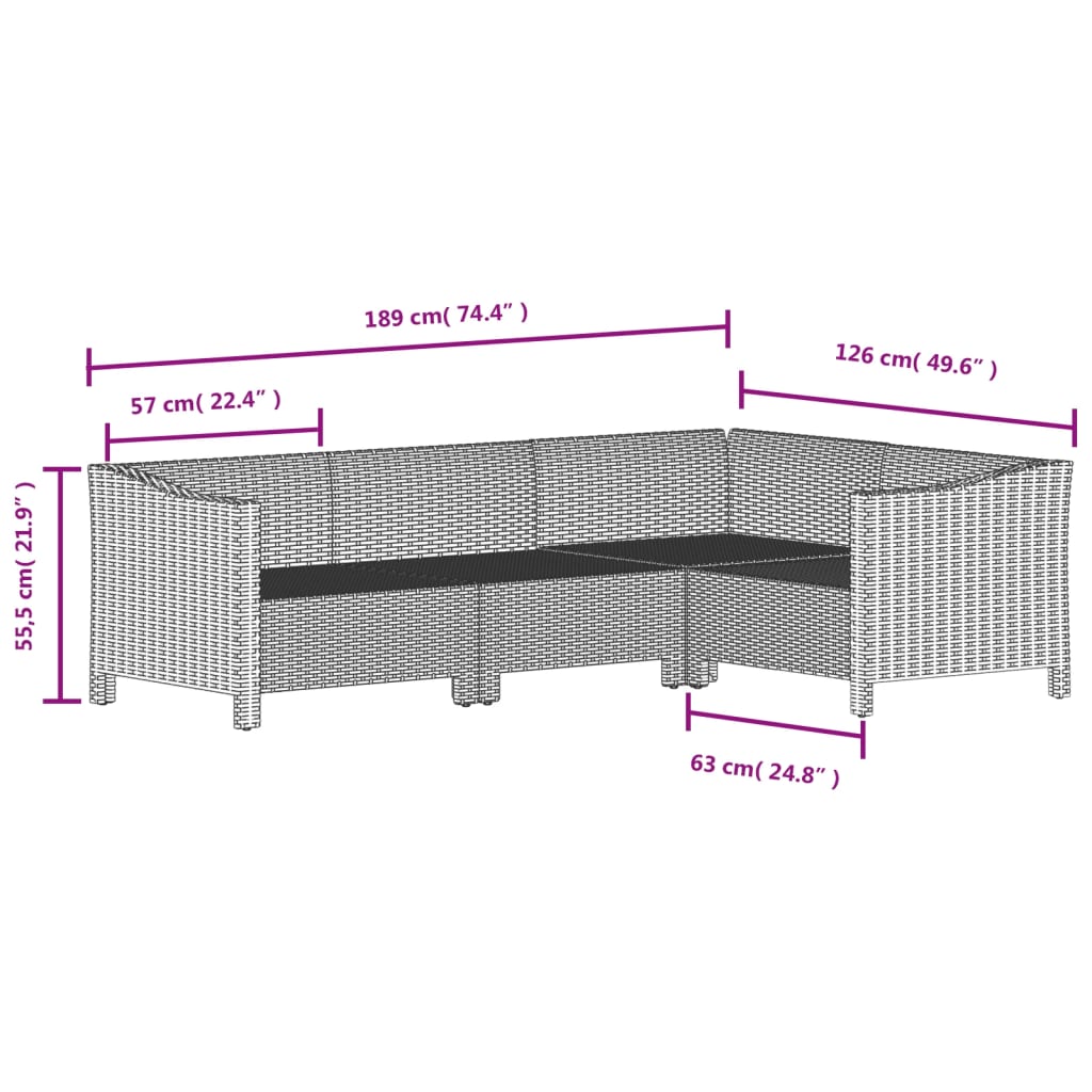 8-Delige Loungeset Met Kussens Poly Rattan Grijs 2x Fauteuil + hoek +3x midden + 2x voetensteun