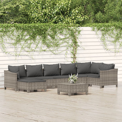 8-Delige Loungeset Met Kussens Poly Rattan Grijs 2x Fauteuil + hoek +3x midden + 2x voetensteun