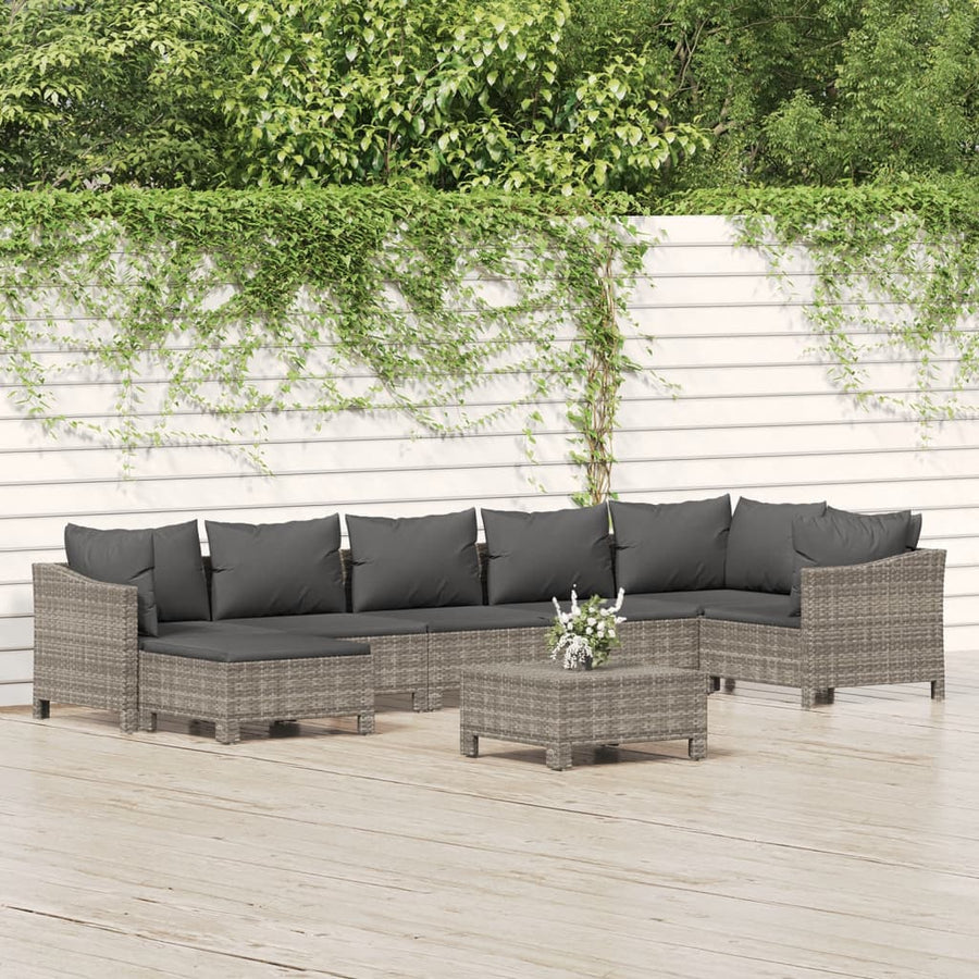 8-Delige Loungeset Met Kussens Poly Rattan Grijs 2x Fauteuil + hoek +3x midden + 2x voetensteun