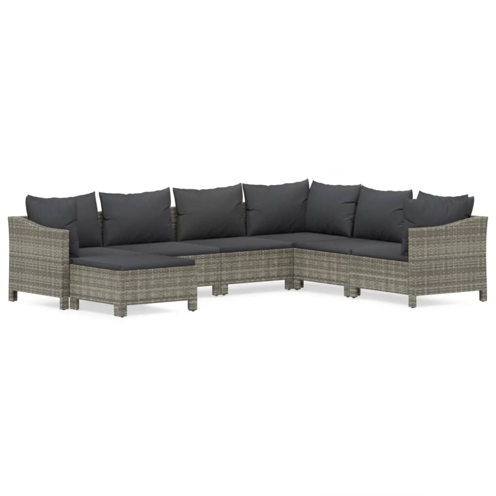 7-Delige Loungeset Met Kussens Poly Rattan Grijs 2x Fauteuil + hoek +3x midden + voetensteun