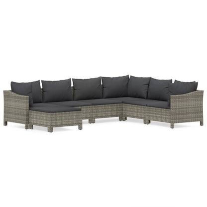 7-Delige Loungeset Met Kussens Poly Rattan Grijs 2x Fauteuil + hoek +3x midden + voetensteun
