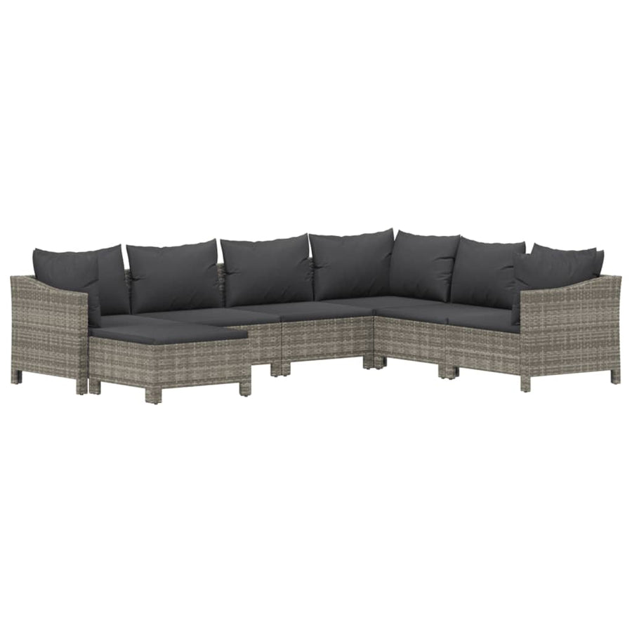7-Delige Loungeset Met Kussens Poly Rattan Grijs 2x Fauteuil + hoek +3x midden + voetensteun